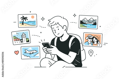 Digital Vacation Memories. Travel memories illustration. A traveler holding a smartphone and scrolling through vacation photos, relaxed and thoughtful. Digital