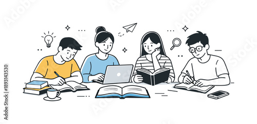 Focused Group Study. Students studying. Group of students sitting together with books and laptops, calm focused learning atmosphere at a shared desk. Sense of