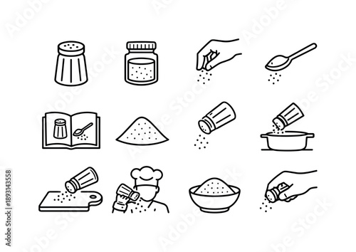 Salt Icon Set. Cooking salt. Line icon set of Cooking salt: table salt, salt jar, pinch of salt, seasoning spoon, recipe seasoning, kitchen ingredient, salt