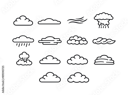 Cloud Icon Set. Cloud shapes. Line icon set of cloud shapes: cumulus cloud, stratus cloud, cirrus cloud, cumulonimbus, nimbostratus, altostratus, altocumulus,