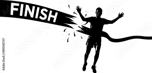 Running Competition Finish Line – Winner Breaking Ribbon Silhouette Illustration