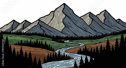 Serene mountainous landscape with dense forest and winding river