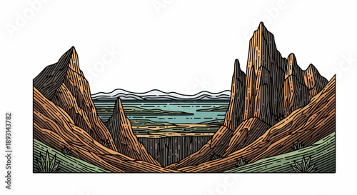 Rugged mountainous landscape with a serene midground lake and earthy color palette