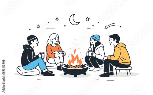 Cozy Fire Pit Gathering. Sitting by a fire pit. People calmly gathered around a small fire pit, enjoying warmth and quiet conversation under an open sky. Cozy