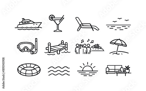 Yacht Lifestyle Icons. Yacht lifestyle. Line icon set of Yacht lifestyle: luxury yacht, cocktail glass, sun lounger, sea horizon, snorkel gear, marina dock,