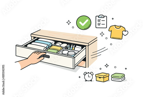 Organized Drawer Scene. Home organization habit. A calm scene showing an organized drawer closing smoothly, sense of completion and daily order,