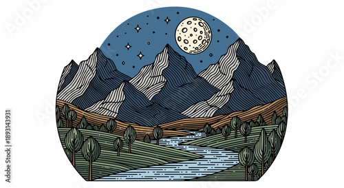 Nighttime mountain landscape with a crescent moon, stars, and a flowing river under a deep blue sky