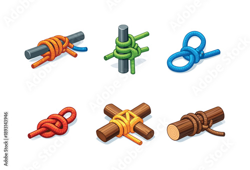 Isometric Survival Knots. Survival knots. Isometric flat vector icons set of survival knots: tension knot, taut-line hitch, bowline loop, figure-eight stopper,