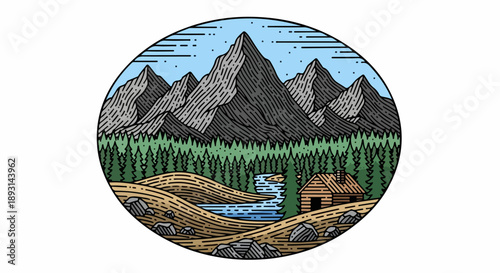 Nighttime mountain landscape with cabin and river in oval frame