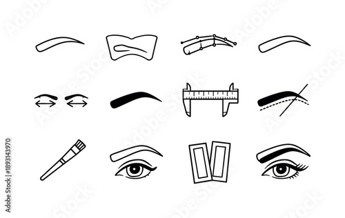 Brow Shaping Icons. Brow Shaping. Line icon set of Brow Shaping: curved brow line, shape template, brow mapping dots, clean brow arch, symmetry arrows, defined