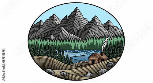 Serene mountain landscape with rustic wooden cabin and calm body of water framed in oval border