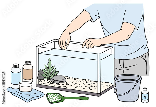 Preparing Aquarium Tank Setup With Gravel Plants And Water For Fish Care Illustration