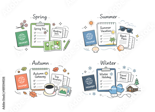 Seasonal Travel Essentials. Seasonal travel planning visuals. A neatly arranged flat lay of documents, passport, and notes grouped by season, with gentle