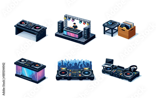 DJ Performance Icons. Performance Setup. Isometric flat vector icons set of Performance Setup: turntable booth with mixer, DJ setup on stage, vinyl crate
