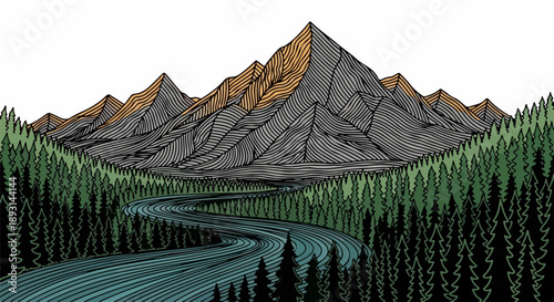 Serene mountainous landscape with dense forest and winding river