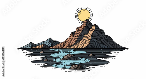 Serene mountain landscape with textured peaks, winding river, and radiant yellow sun