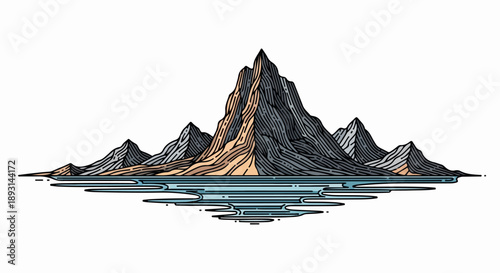 Mountain landscape illustration with intricate contour lines and muted colors