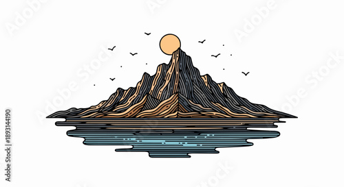 Serene mountain landscape with rugged peaks, calm water, and a radiant sun