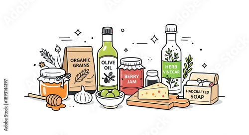 Artisanal Food Display. Artisanal food products. Small-batch jars, bottles, and packages neatly arranged on a table, showing handcrafted ingredients and