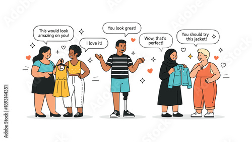 Diverse Fashion Unity. Inclusive fashion for all body types. People exchanging outfit ideas and compliments, with small heart and sparkle icons floating