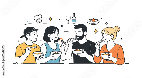 Culinary Tasting Delight. Food festivals and culinary events. A small group tasting different dishes together, holding forks and bowls with calm curiosity. The