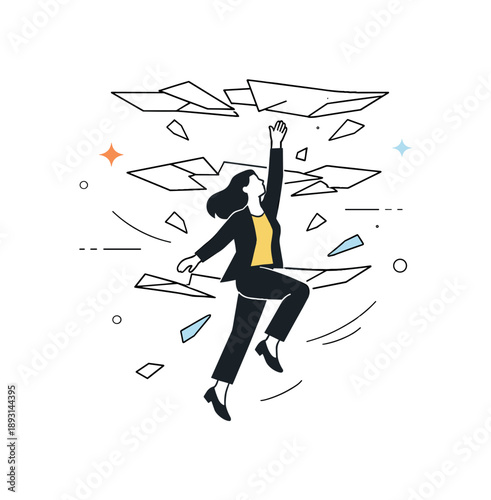 Breaking Glass Ceiling. Minimal glass ceiling illustration. Abstract representation of a figure ascending through a few broken glass layers with floating