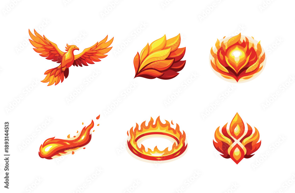 Fototapeta premium Eternal Firebird Icons. Eternal Firebird. Isometric flat vector icons set of Eternal Firebird: majestic phoenix gliding, layered flame feathers, glowing chest