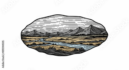 Arid mountainous landscape with river and cacti in oval frame