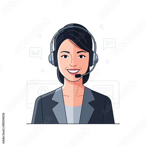 Customer service agent with headset, communication and support icon