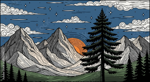 Illustration of a serene mountainous landscape under a starry night sky with snow-capped peaks and evergreen trees