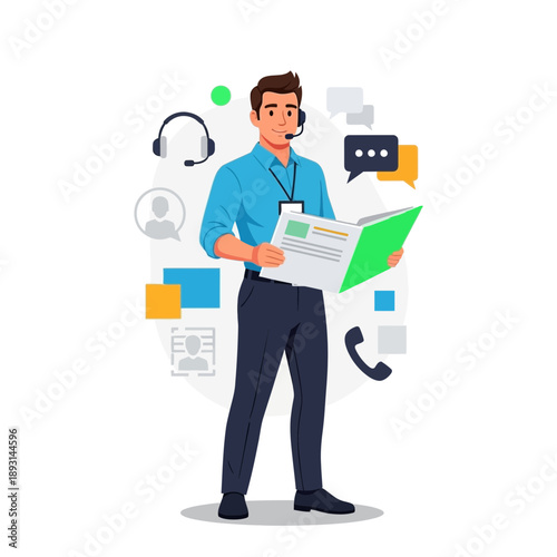 Customer service representative with headset and open folder, surrounded by communication icons.