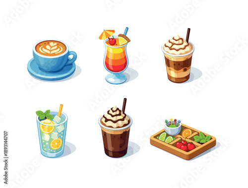 Signature Beverage Icons. Signature Beverages. Isometric flat vector icons set of Signature Beverages: barista signature latte, layered tropical drink, creamy