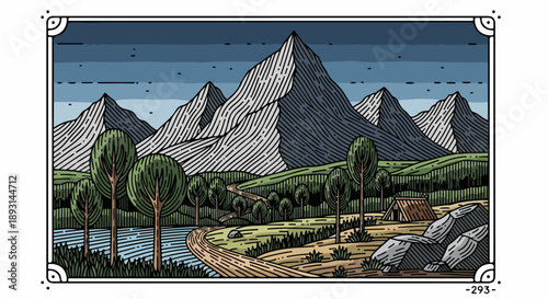 Artistic vintage map style illustration of a mountainous landscape with a wooden cabin and dense forest