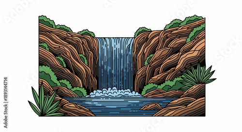 Illustration of a cascading waterfall pouring into a clear pool surrounded by rugged rock formations and green vegetation