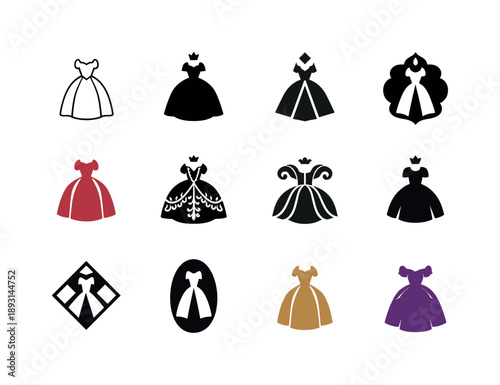 Historical Costume Icon Set. Period costumes. Icon set. Set Logo of Period costumes: historical dress silhouette with ornate details. harmonious logo