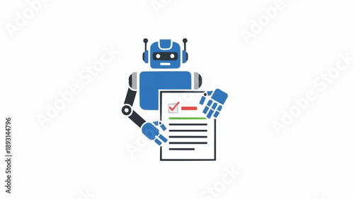 Blue robot with mechanical arm holding paper.