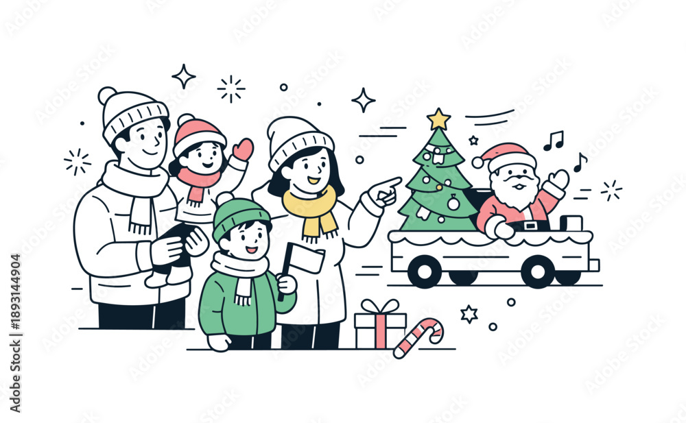 Fototapeta premium Joyful Christmas Parade. Family at Christmas parade event. Simple editorial scene highlighting winter tradition, family bonding and joyful holiday spirit.