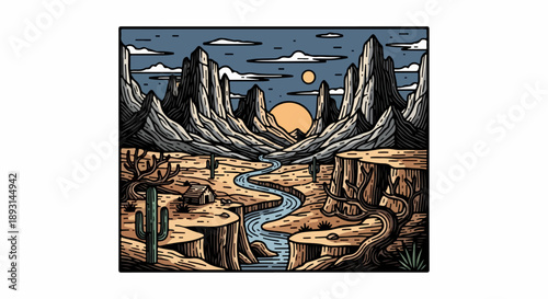 Rugged desert landscape with jagged mountains, winding river, and sparse vegetation