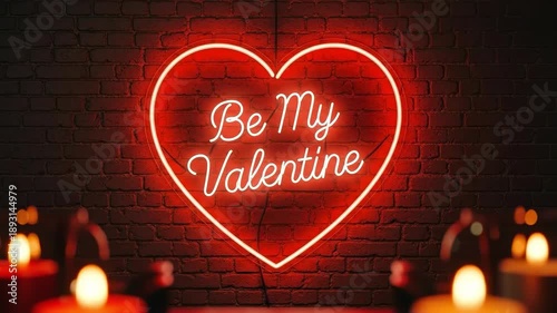 Be My Valentine neon sign glowing on a dark brick wall background for romantic celebration and holiday decoration