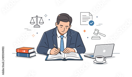 Legal Advisor Focused. Corporate legal advisors at work ? focused analysis. Single advisor working quietly at a desk, reviewing legal text with concentration.