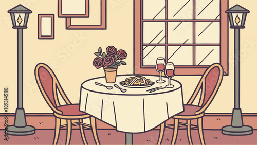 Vector illustration of a luxury cafe interior featuring wooden furniture with chairs and tables set in a modern dining room with elegant wall decor and natural window light