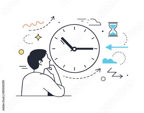 Contemplating Time Flow. Time perception. A person looking at a clock with abstract floating shapes and arrows around, representing the subjective flow of