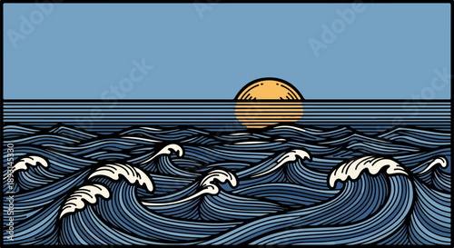 Serene seascape illustration of a sunset over a dynamic ocean with intricate waves and a golden glow