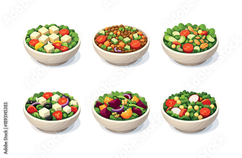 Vegan Salad Icons. Vegan meals. Isometric flat vector icons set of vegan meals: tofu salad bowl, lentil salad bowl, salad with nuts and seeds, Mediterranean