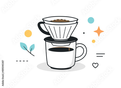 Minimalist Coffee Ritual. Pour over coffee minimal scene. A single dripper and cup centered with abstract accents floating lightly around. Focus on simplicity,