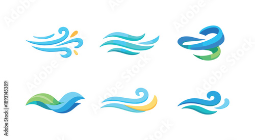Colorful Breeze Icons. Breeze effect. Isometric flat vector icons set of Breeze effect: light wind curves, gentle airflow lines, floating breeze wave, airy