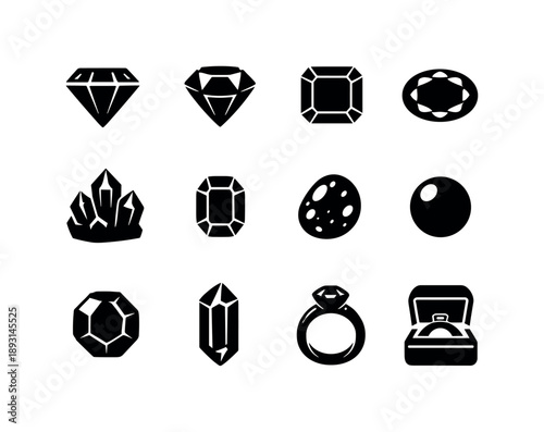 Gemstone Icon Collection. Gemstones. Solid icon set of Gemstones: diamond, ruby, emerald, sapphire, amethyst, topaz, opal, pearl, garnet, aquamarine, gemstone