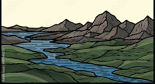 Stylized mountain landscape with river and green vegetation in woodcut-inspired style