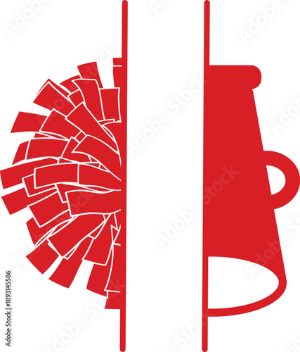 Red cheerleader pom-pom and megaphone illustration with a split banner for custom sports team name and squad monogram design isolated on white