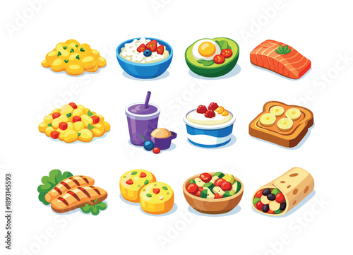 Protein Breakfast Icons. Protein breakfasts. Colorful flat vector icons set of protein breakfasts: scrambled eggs, cottage cheese bowl, avocado egg bowl,